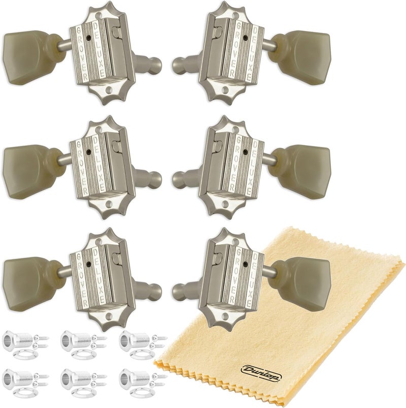 Tonebird Grover 135N Deluxe Vintage Guitar Tuning Machines Tuner Keys Nickel Set 3+3 14:1 Ratio "Green Key" Keystone Button with Dunlop Polish Cloth Bundle LP Les Paul Style Replacement Upgrade Tuners - Image 1
